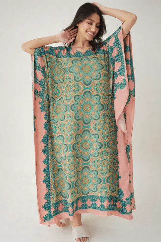 Artisan Print Viscose Crepe Kaftan with Pockets