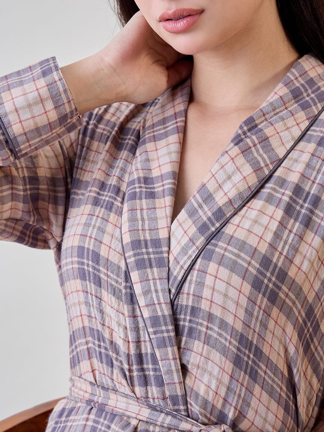 Beige and Grey Checkered Viscose Gownset with Pyjama - Image 5