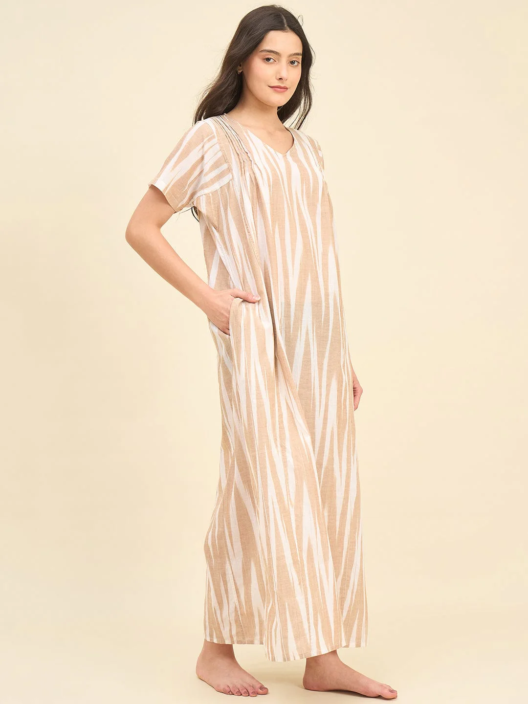 Beige Ikat Handloom Cotton Nightdress – Soft V-Neck Maxi with Pockets - Image 3