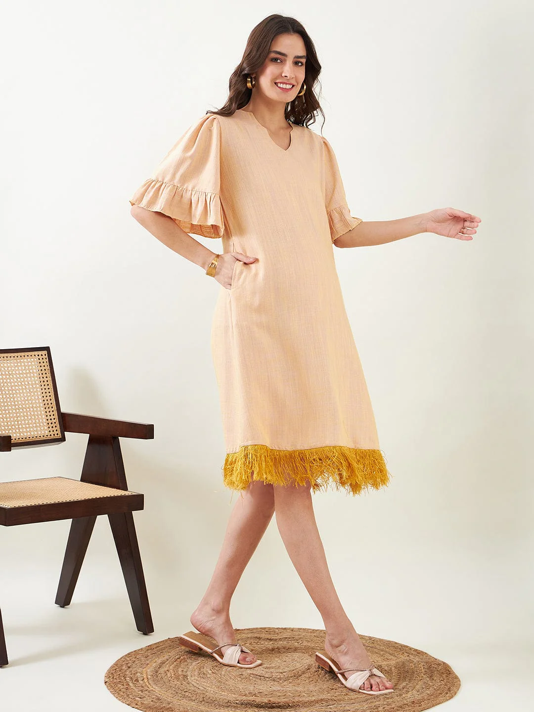 Beige Maternity Dress with Fringes - Image 3