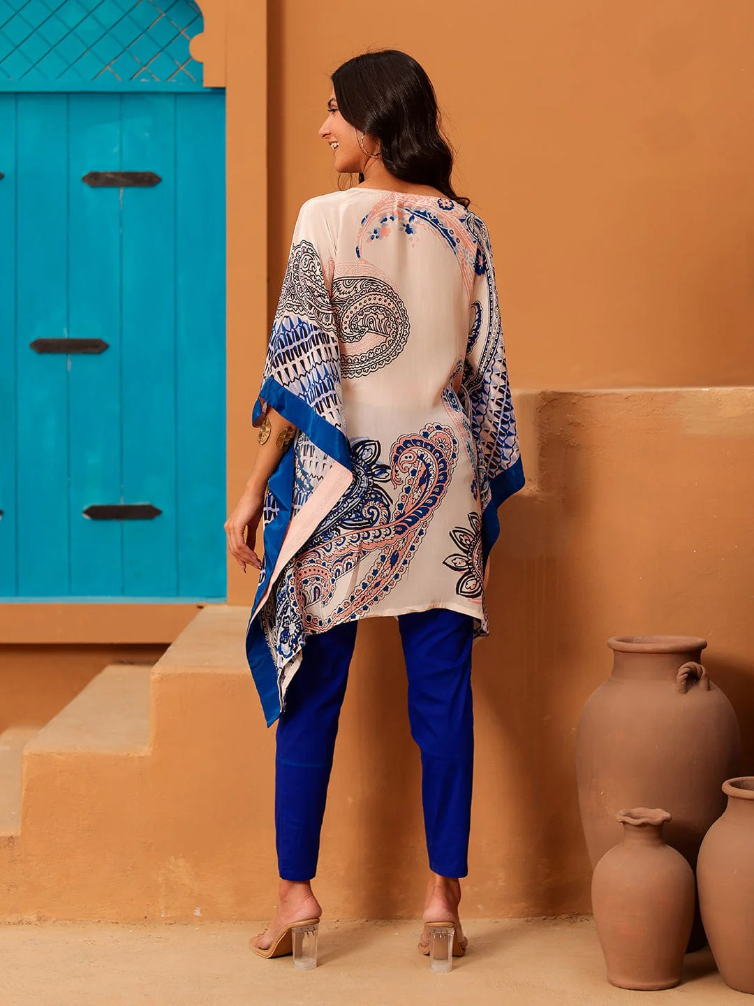 Beige Paisley Printed Crepe Kaftan Tunic Top - Image 3