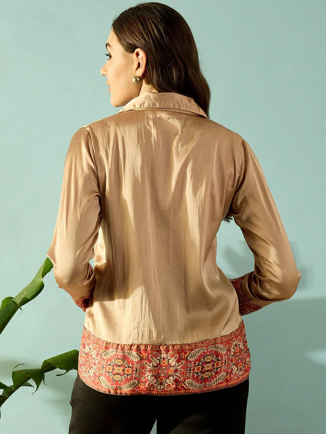 Beige Satin Ethnic Border Shirt - Image 4