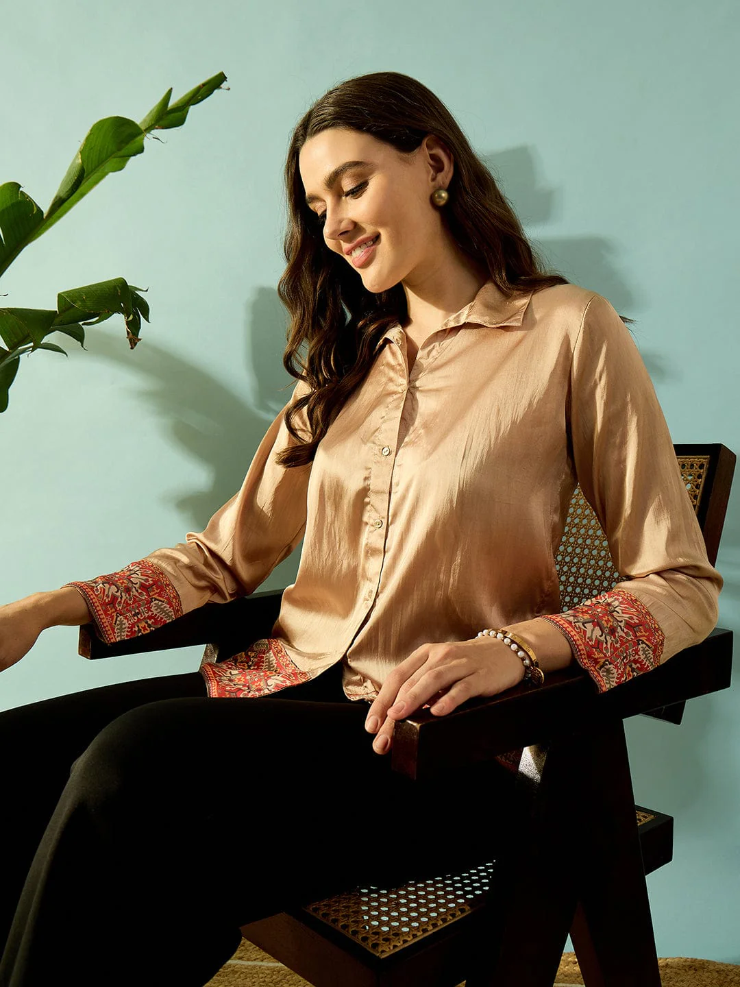Beige Satin Ethnic Border Shirt - Image 5