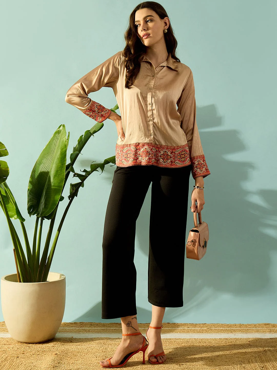 Beige Satin Ethnic Border Shirt - Image 6