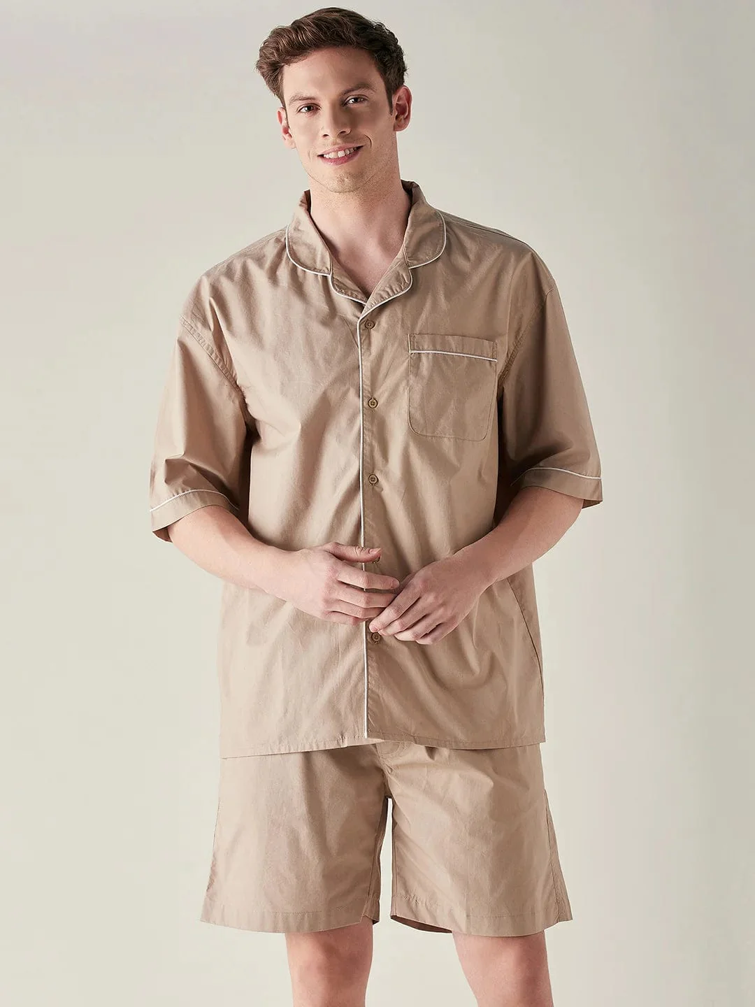 Mens Beige Solid Pure Cotton Crisp Shorts Set - Image 8