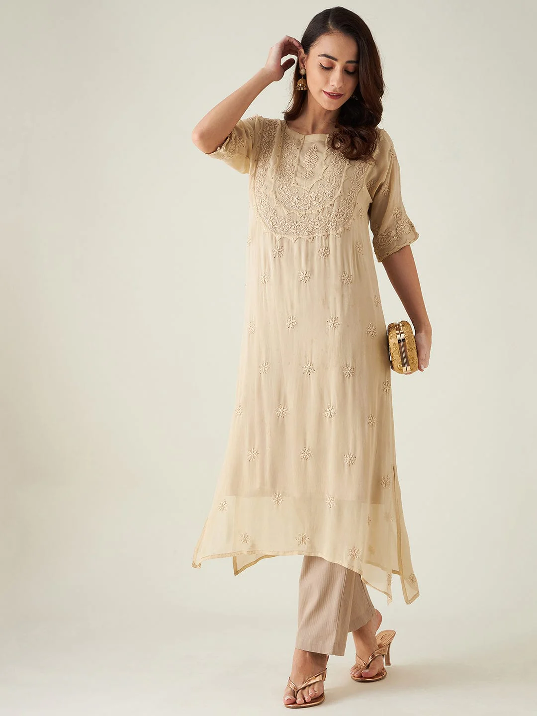 Biege Hand Embroidered Chikankari Kurta