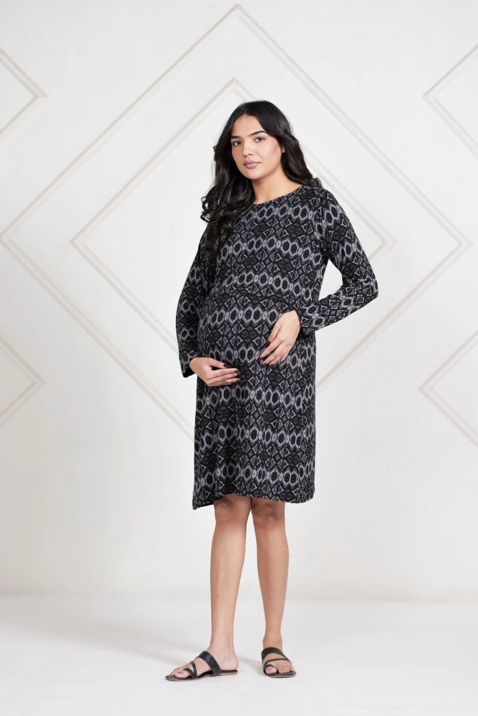 Black and Grey Geometric Print Viscose Lycra Maternity Dress - Image 2