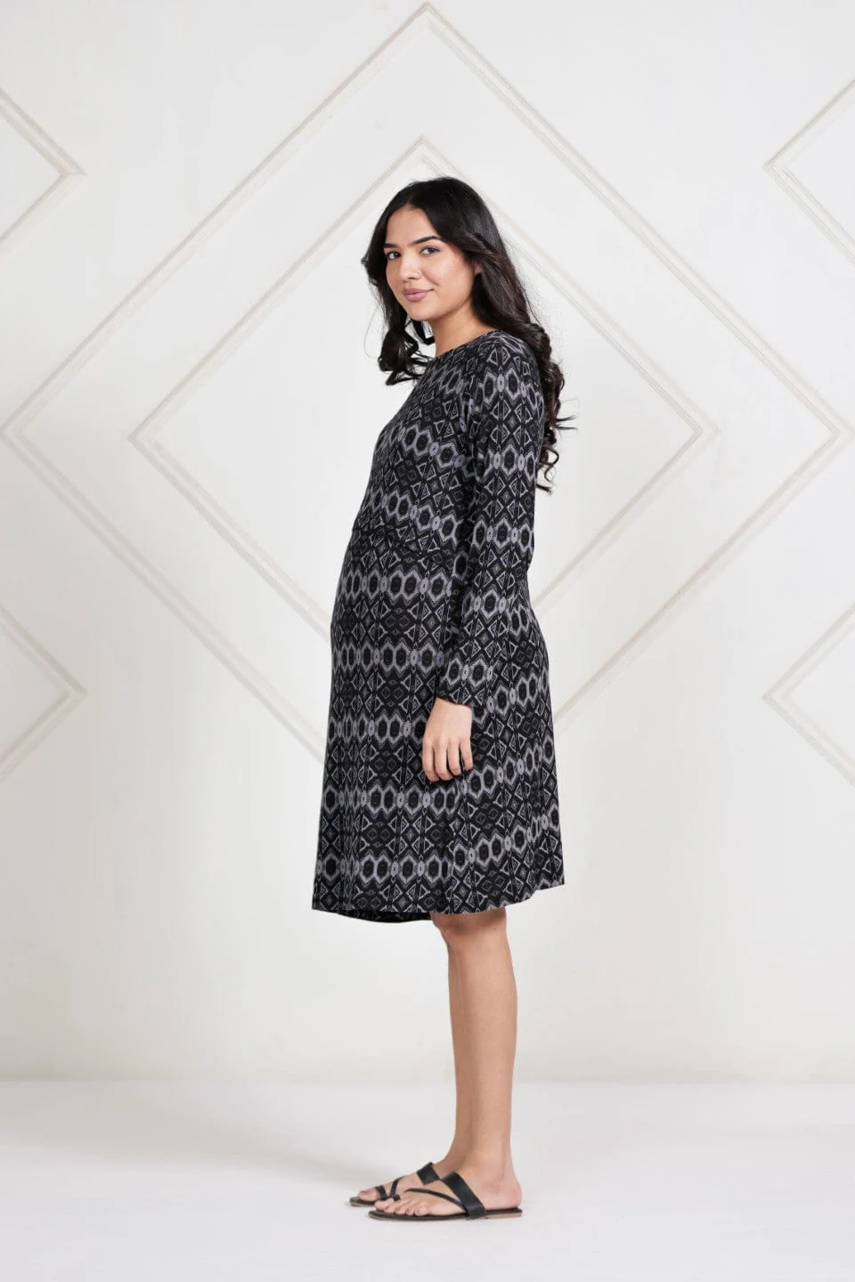Black and Grey Geometric Print Viscose Lycra Maternity Dress - Image 3