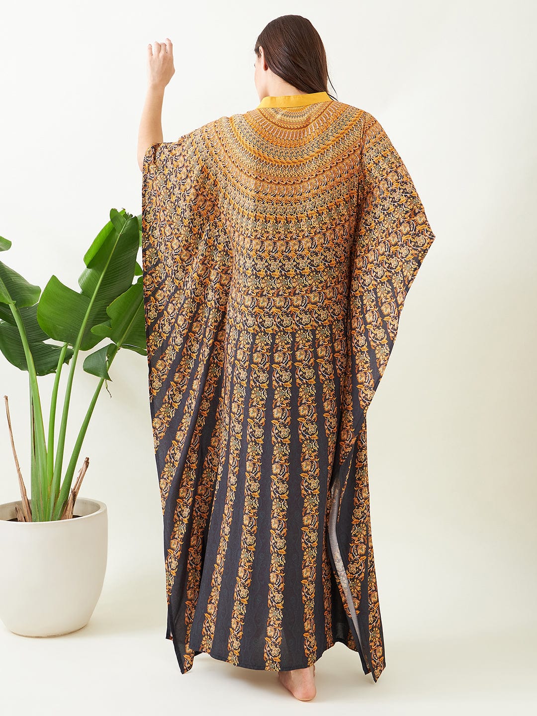 Black and Mustard Floral Strokes Kaftan - Image 4