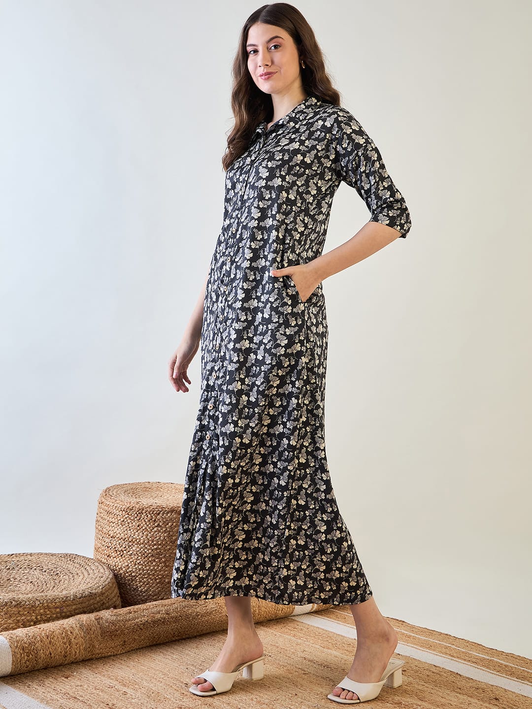 Black and White Floral Button Down Night Dress - Image 2