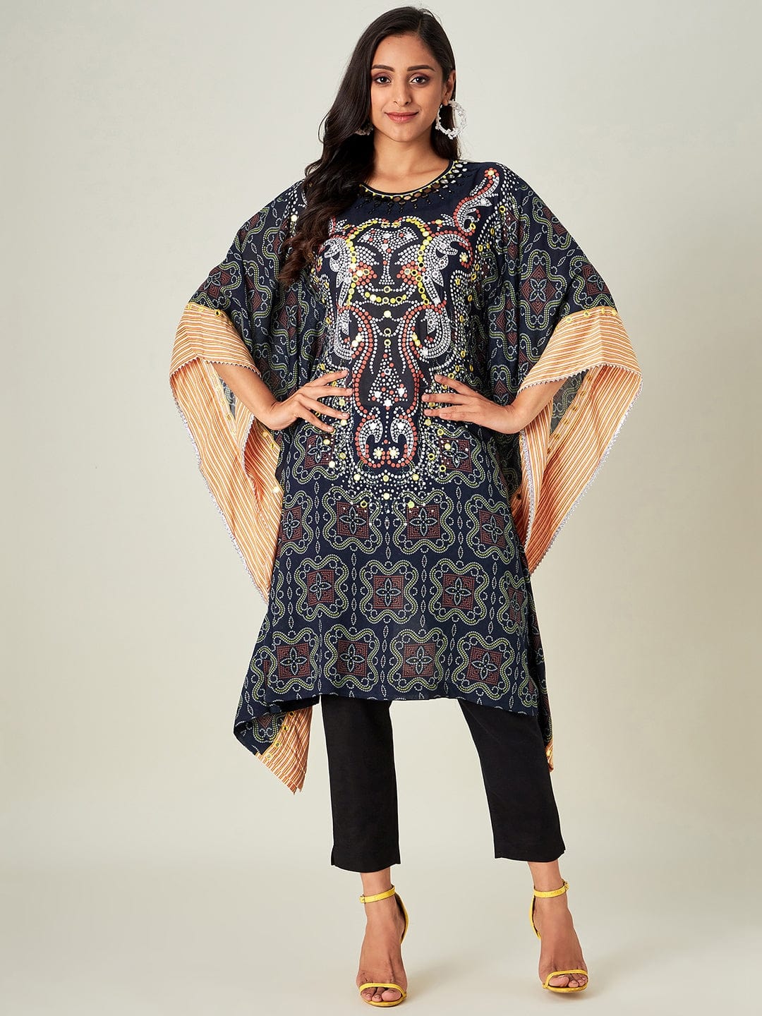 Black Bandhani Embroidered Kaftan Kurta - Image 6