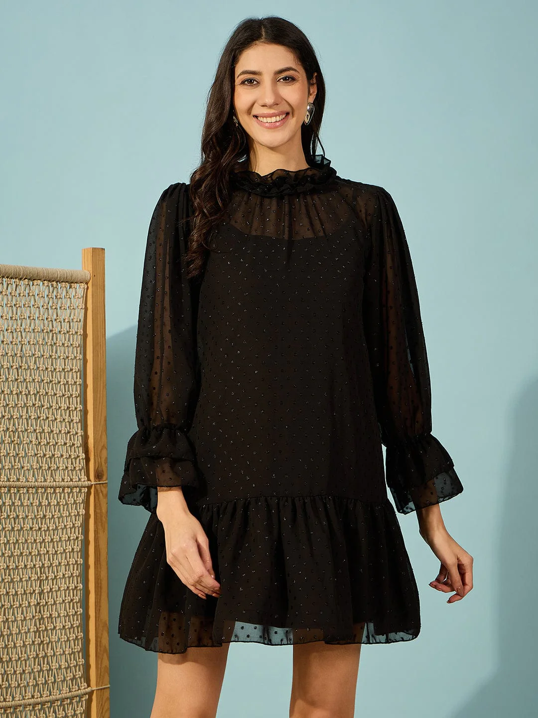 Black Dobby Georgette Ruffle Dress - Image 2