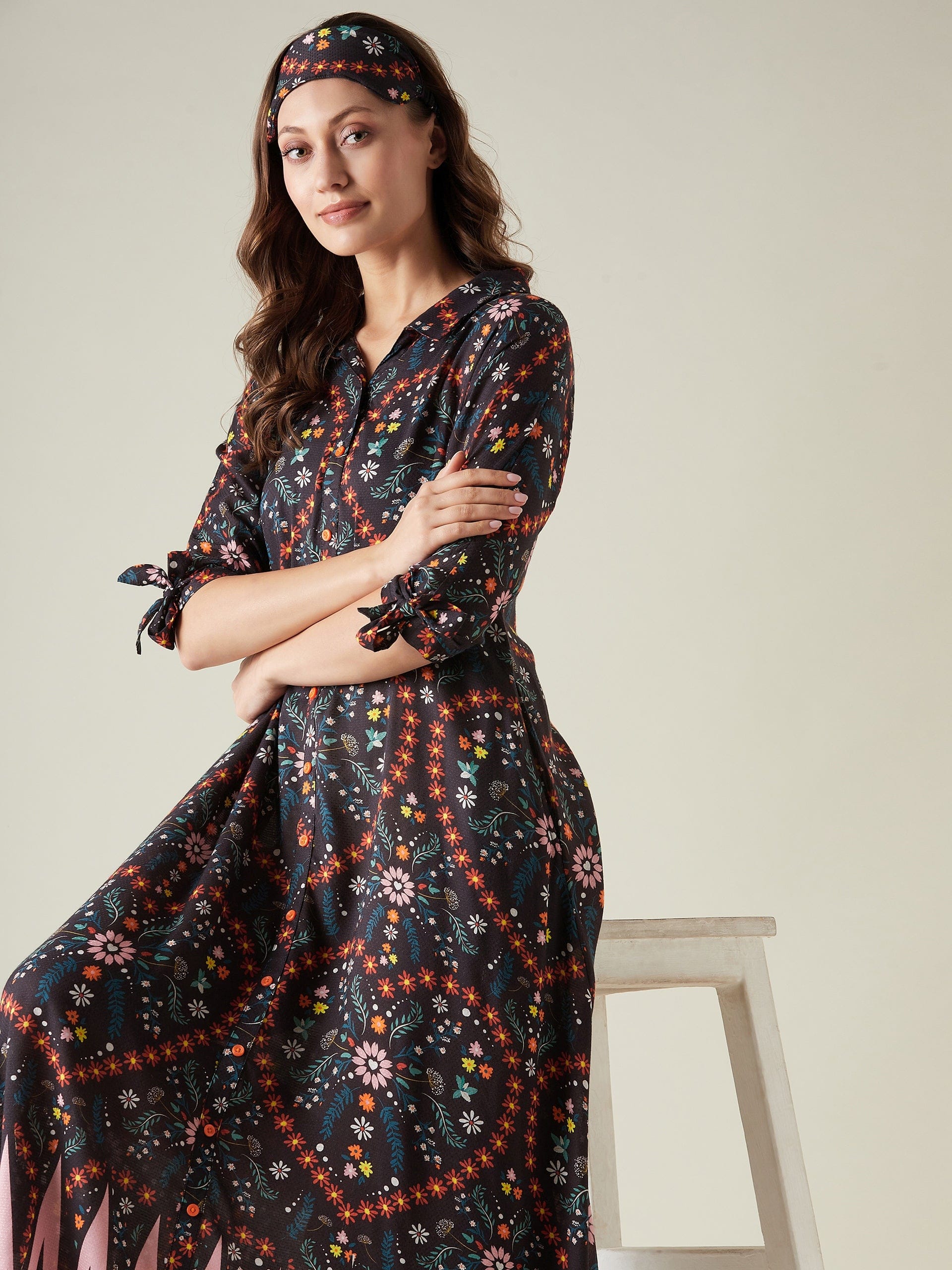 Black Floral Button Down Lounge dress - Image 7