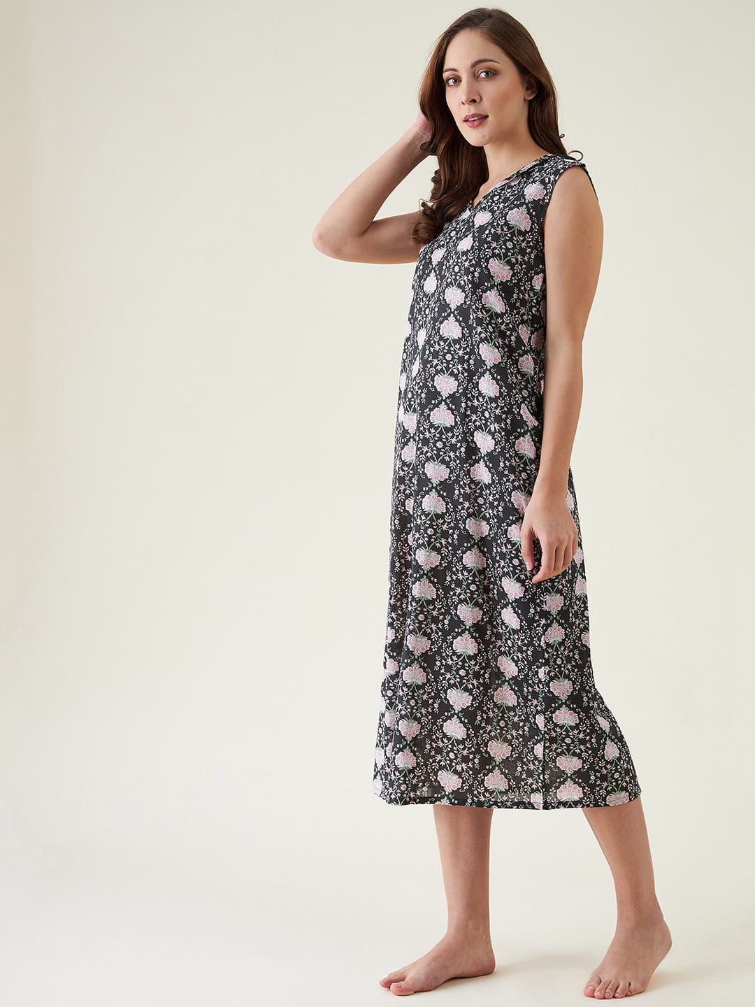 Black Floral Cotton Nightdress - Image 2