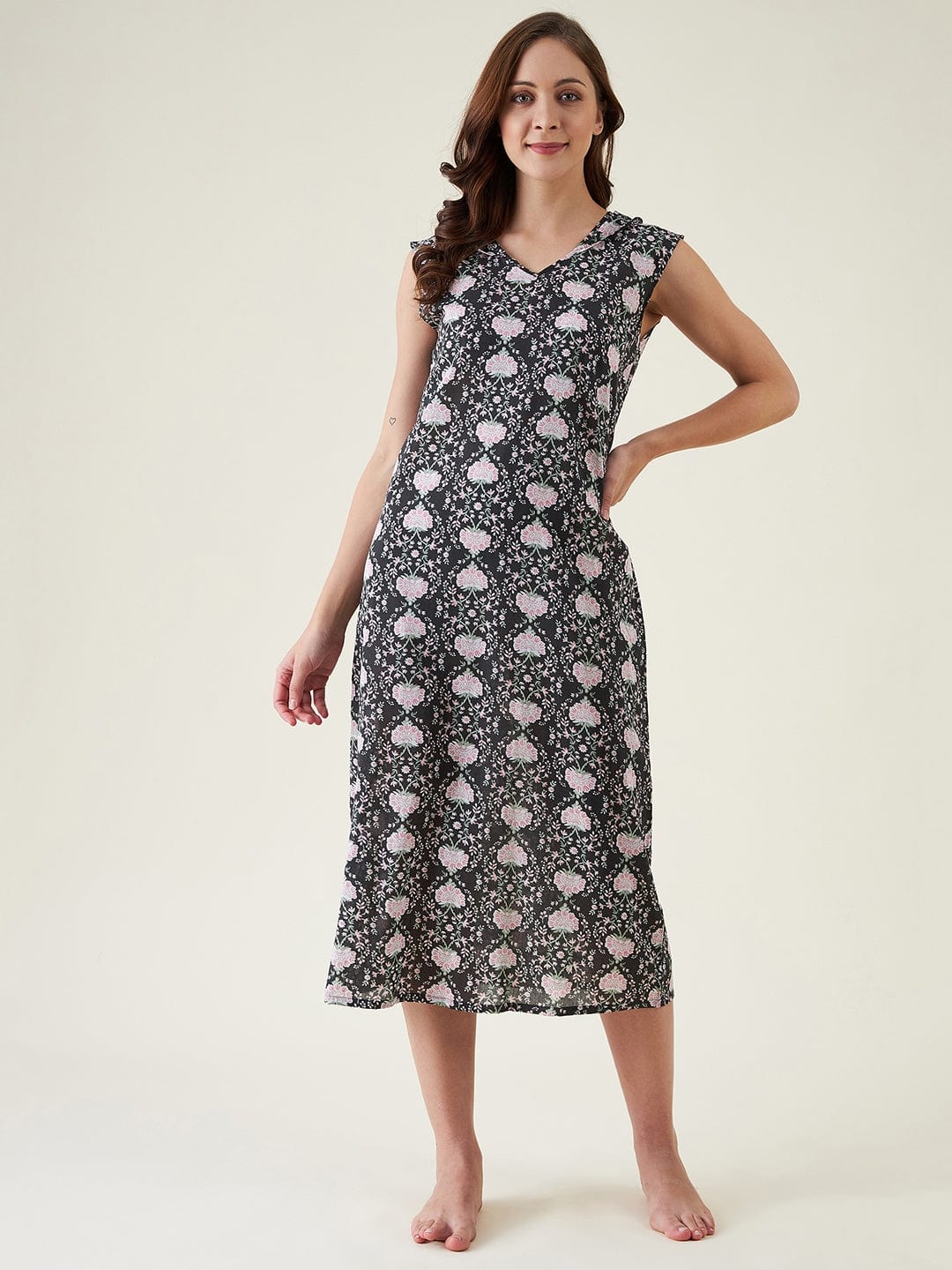 Black Floral Cotton Nightdress - Image 4