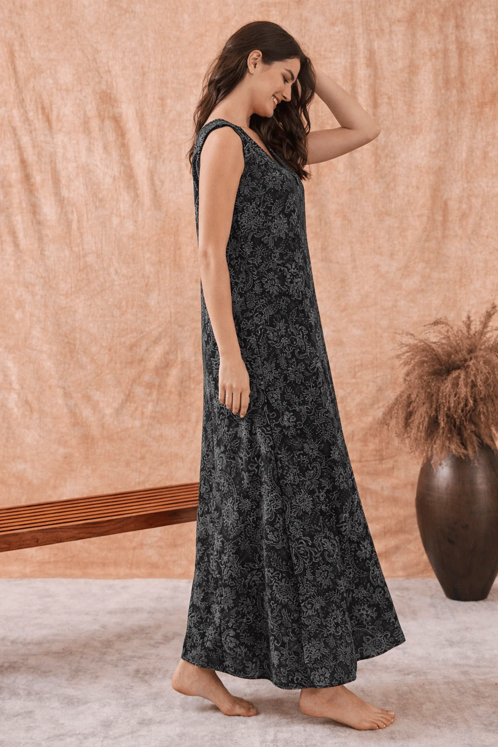 Black Floral Jacquard Viscose Rayon Nightdress - Image 2