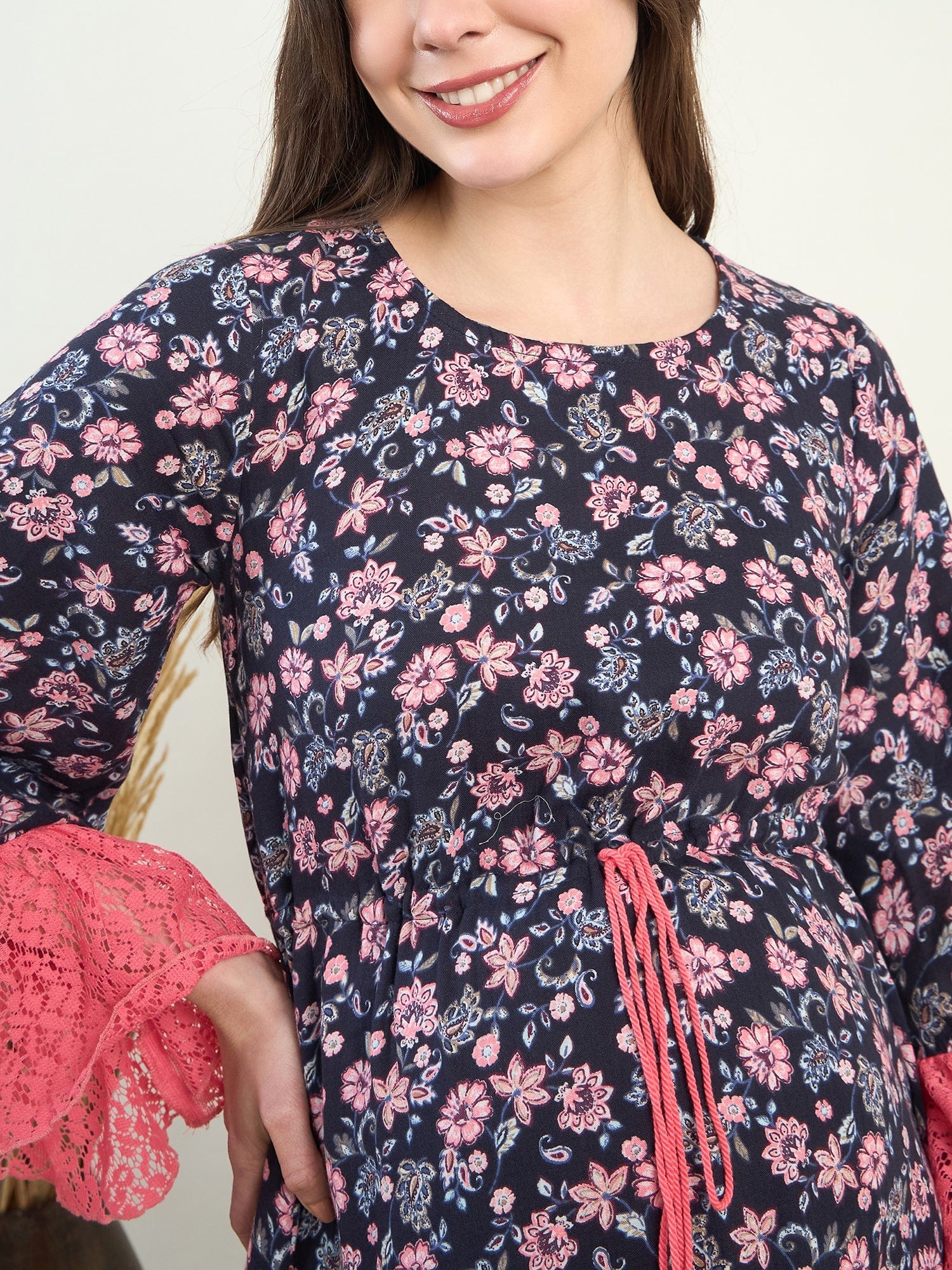 Black Floral Laced Up Maternity Dress - Image 5