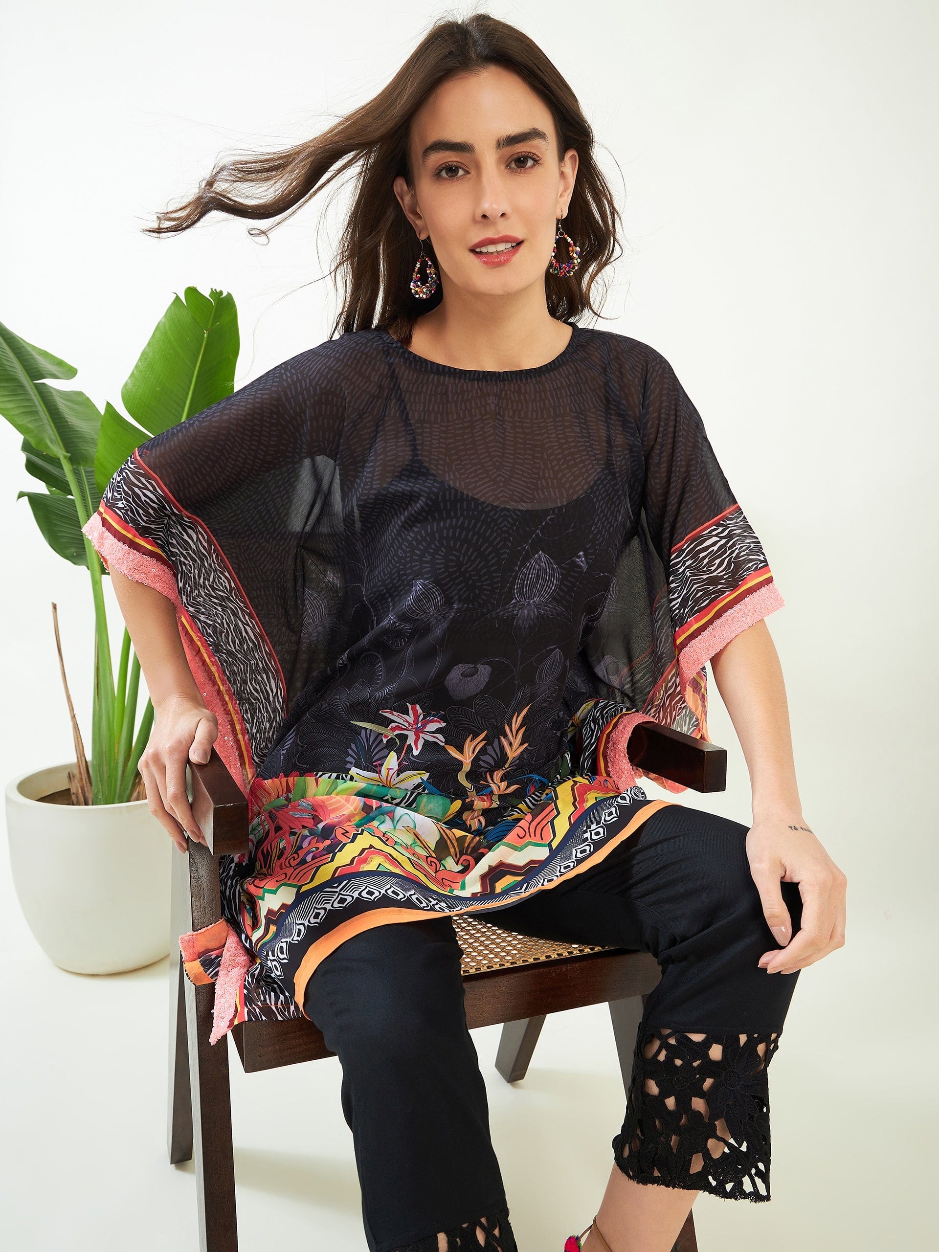 Black Midnight Tropical  Elegant Georgette Kurta - Image 6