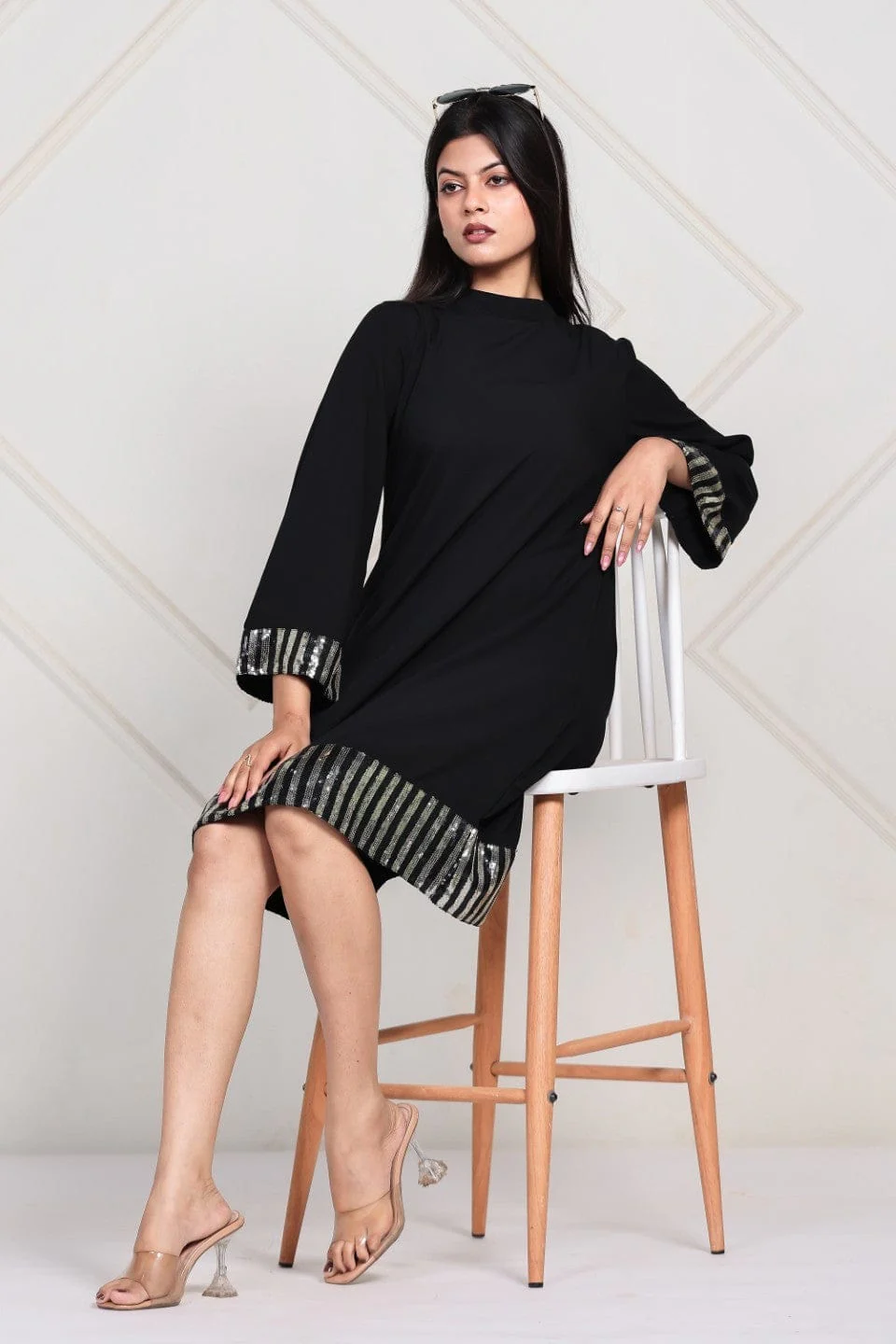 Black Modal Tunic Dress with Sequin Trim - Image 7