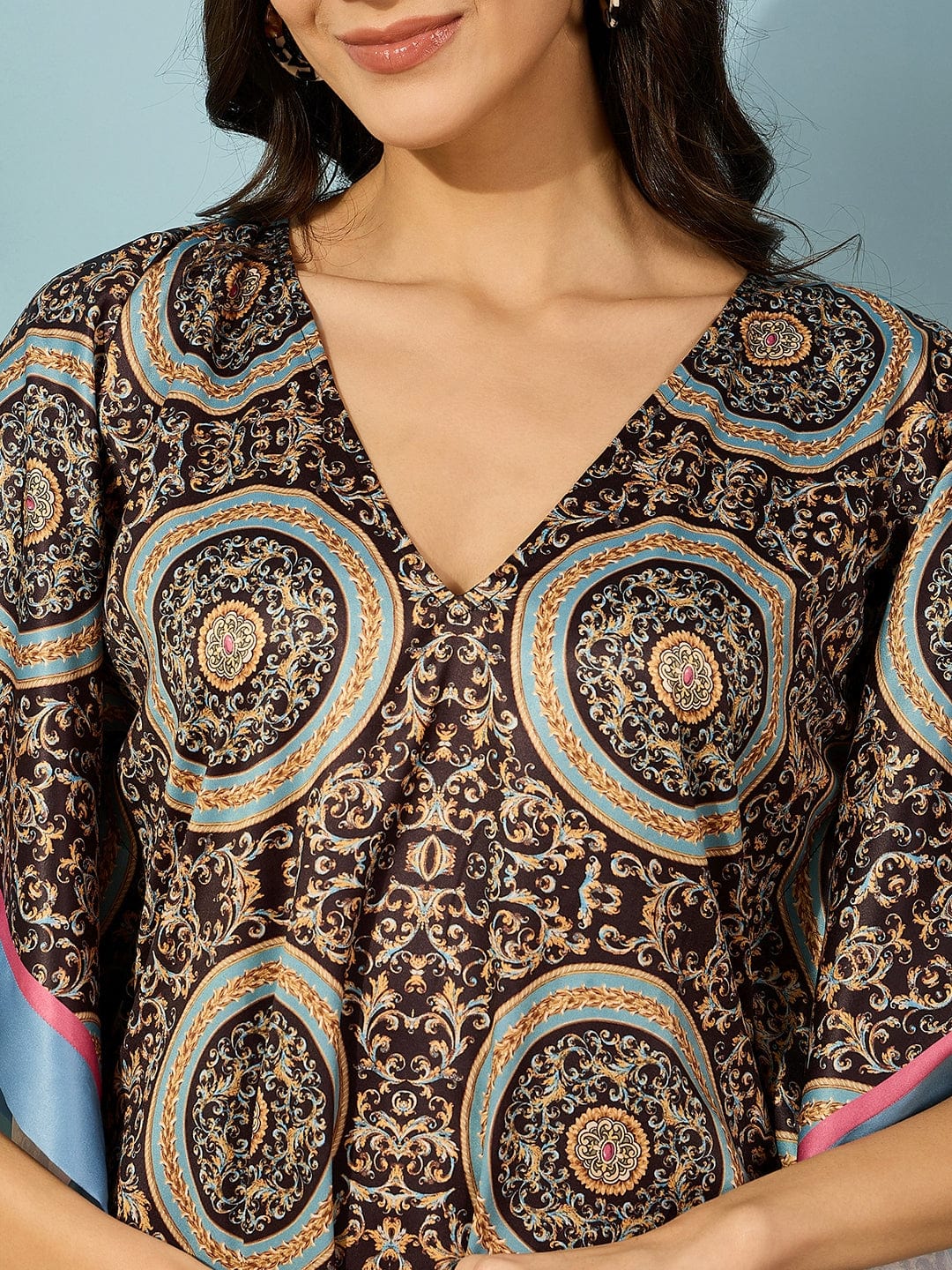 Black Ornamental Baroque Printed Satin Kaftan Dress - Image 5