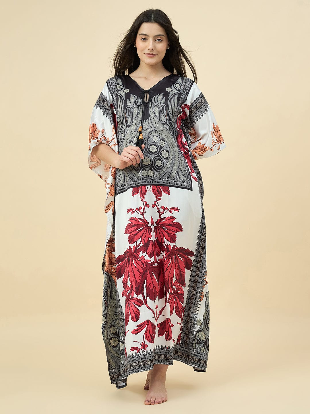 Black & Red Printed Satin Kaftan – Luxe Feel with Pockets - Image 2