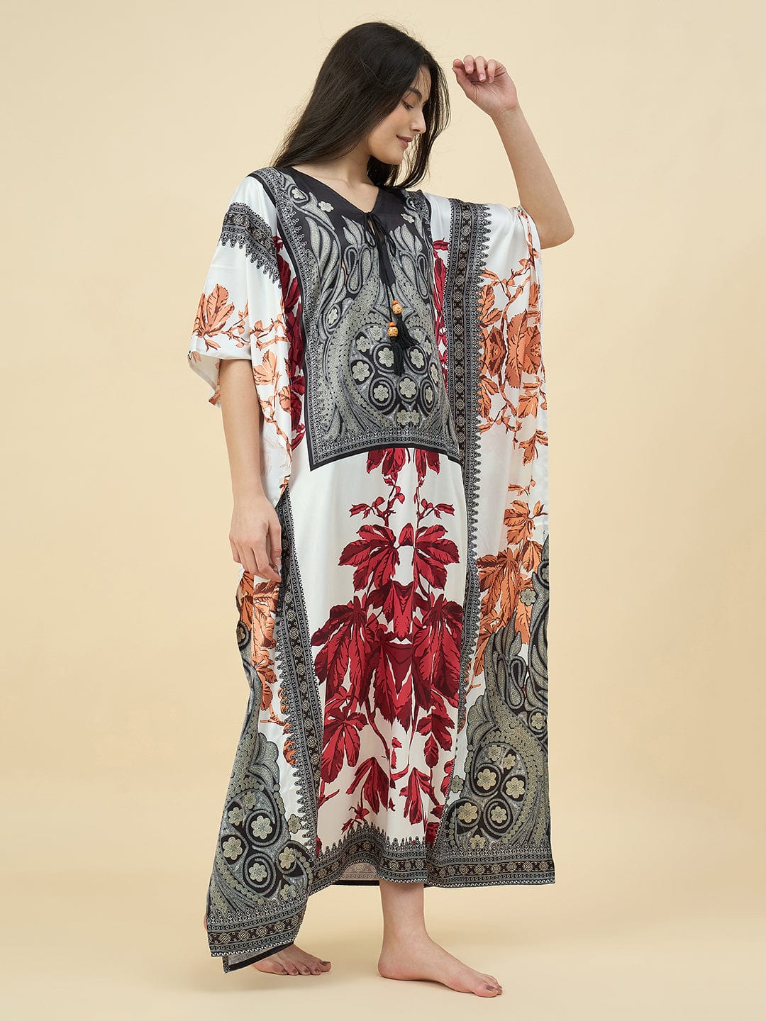 Black & Red Printed Satin Kaftan – Luxe Feel with Pockets - Image 3