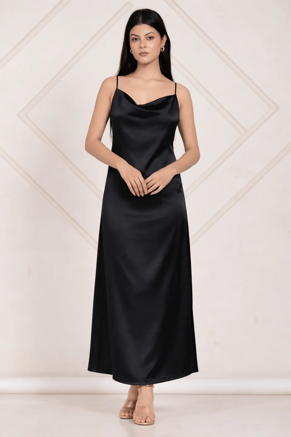 Black Satin & Sequin Capelet Partywear Dress - Image 5