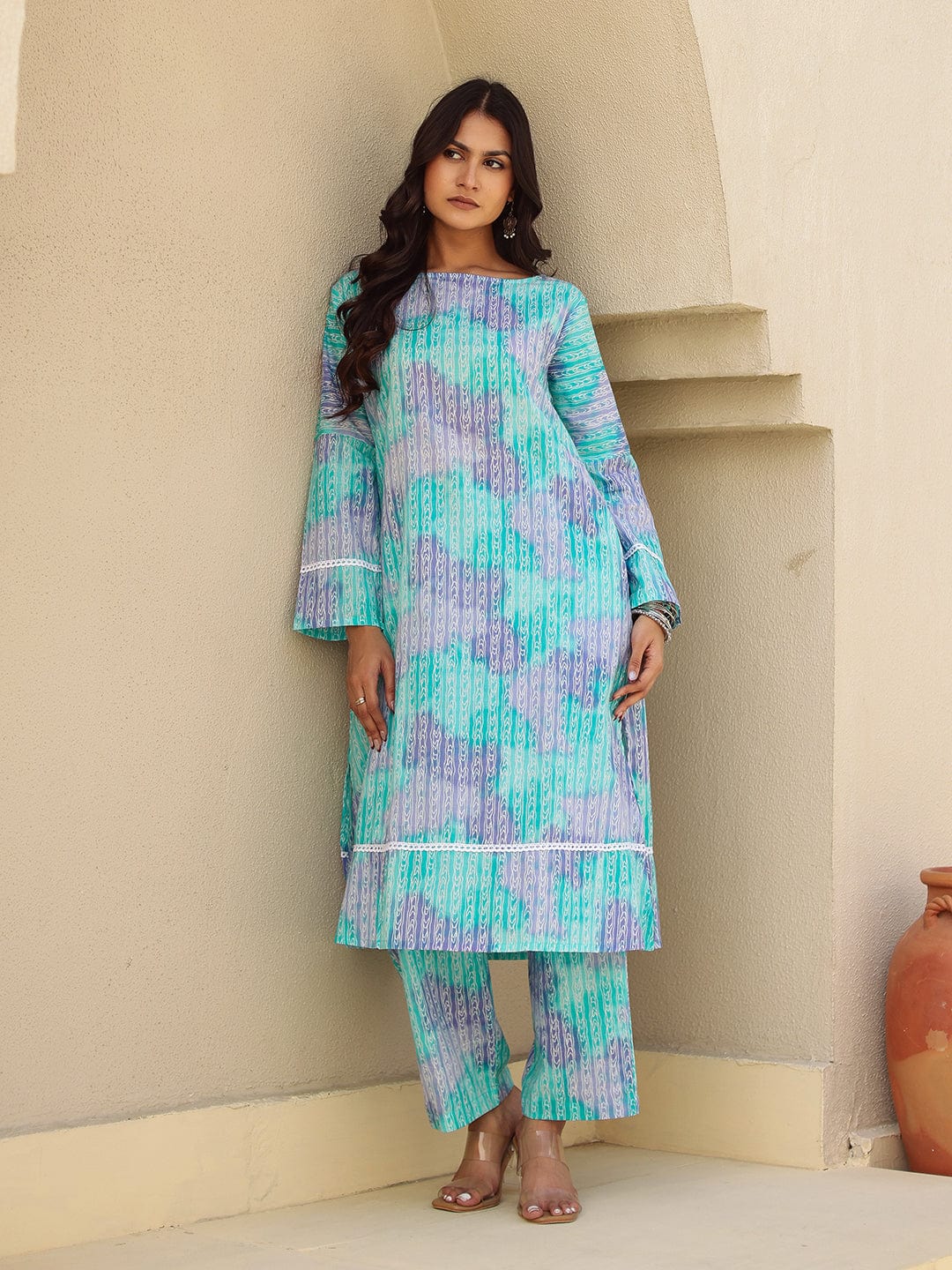 Blue Abstract Print Cotton Kurta Set with Lace Trim - Image 6