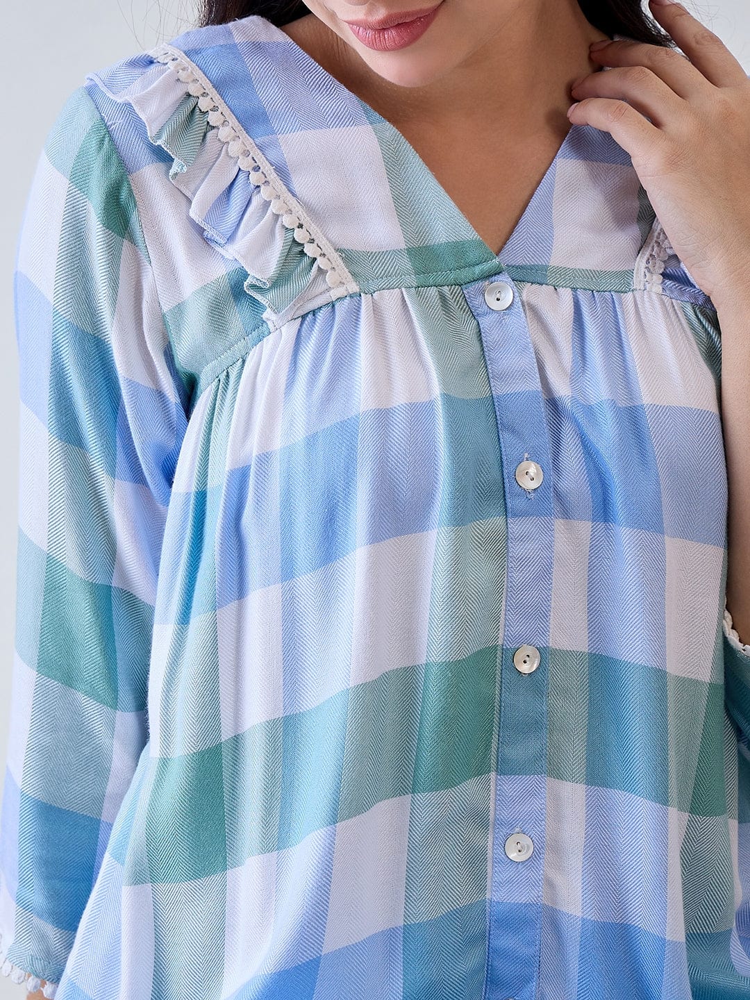 Blue and Green Checks Ruffled Cute Viscose Pyjama Set With Lace Detail - Image 5