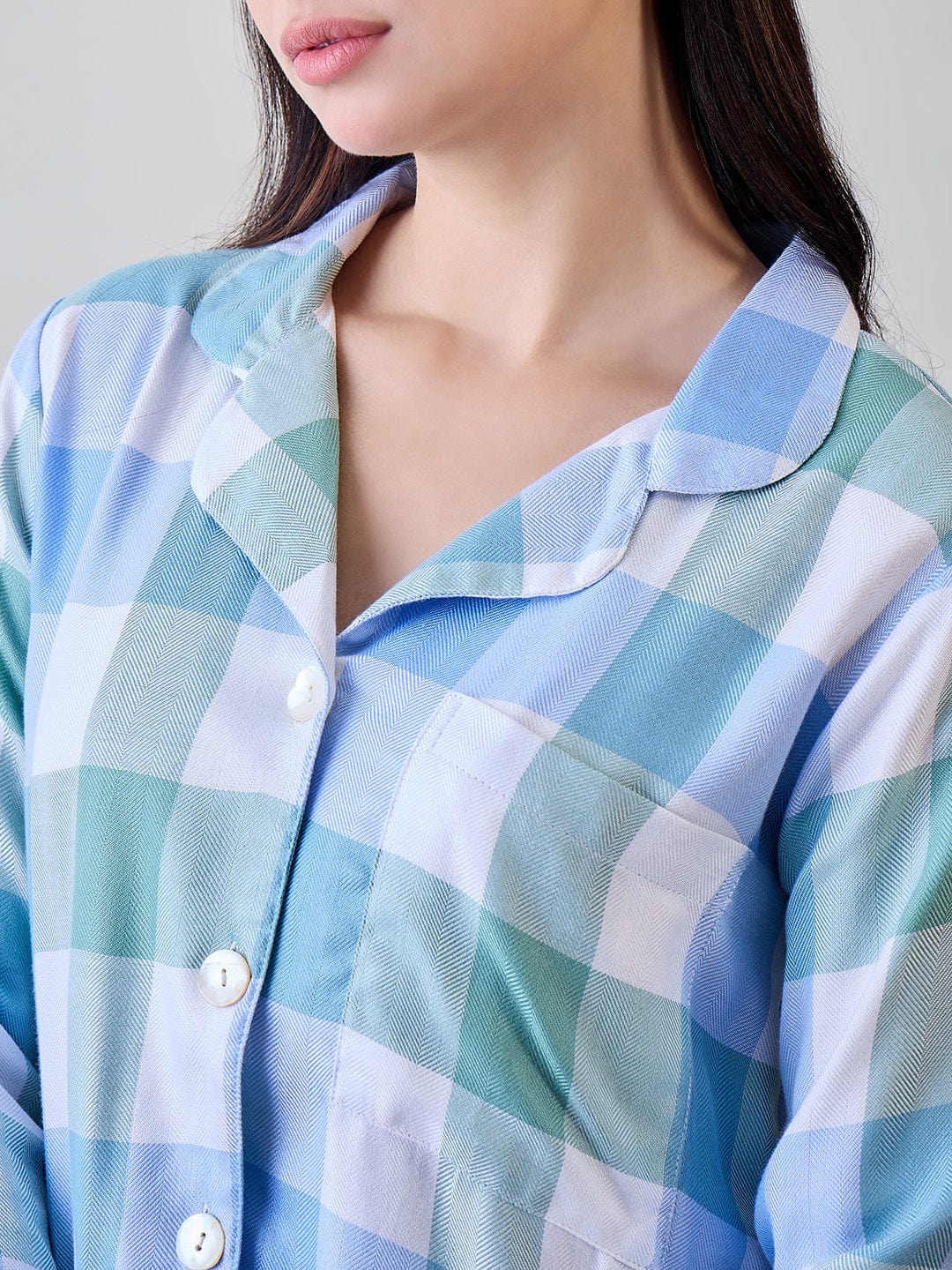 Blue and Green Checks Viscose Sleep Shirt - Image 5