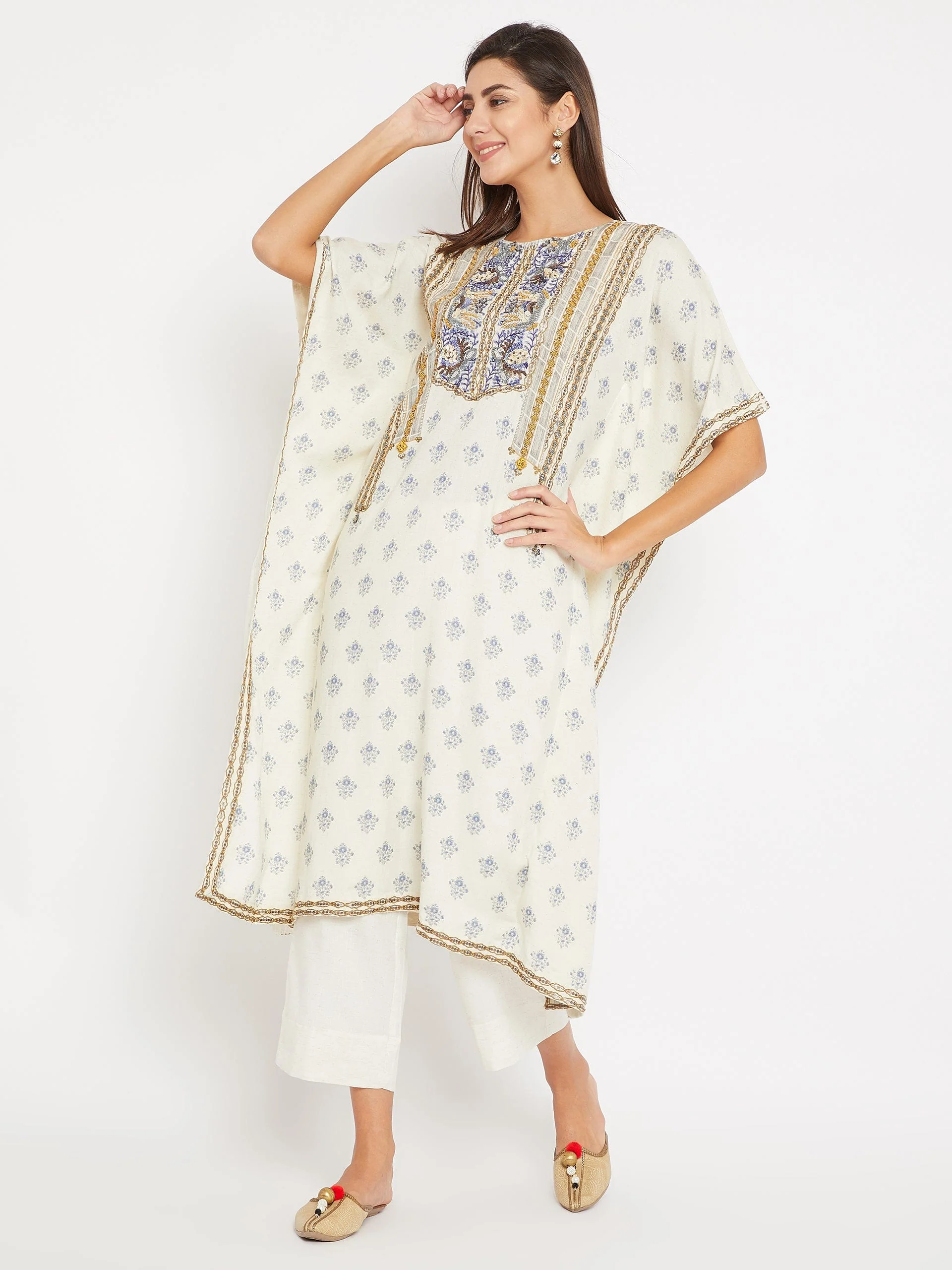 Blue And White Heavenly Embroidered Kaftan Kurta - Image 3