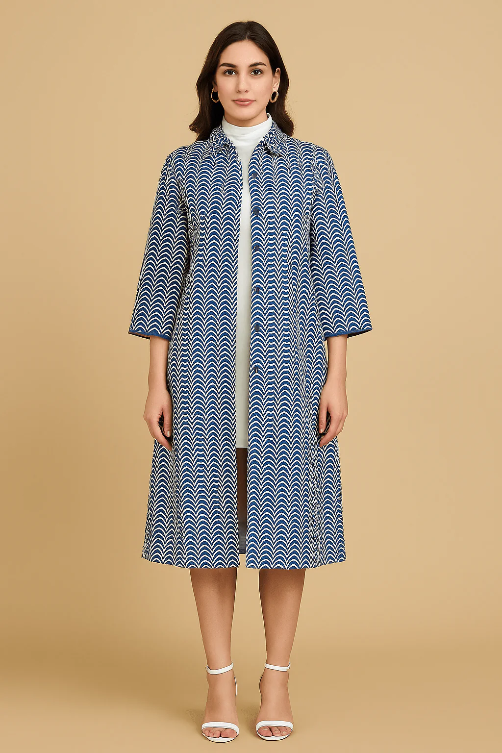 Blue and White Wool Jacket with Button-Down Front