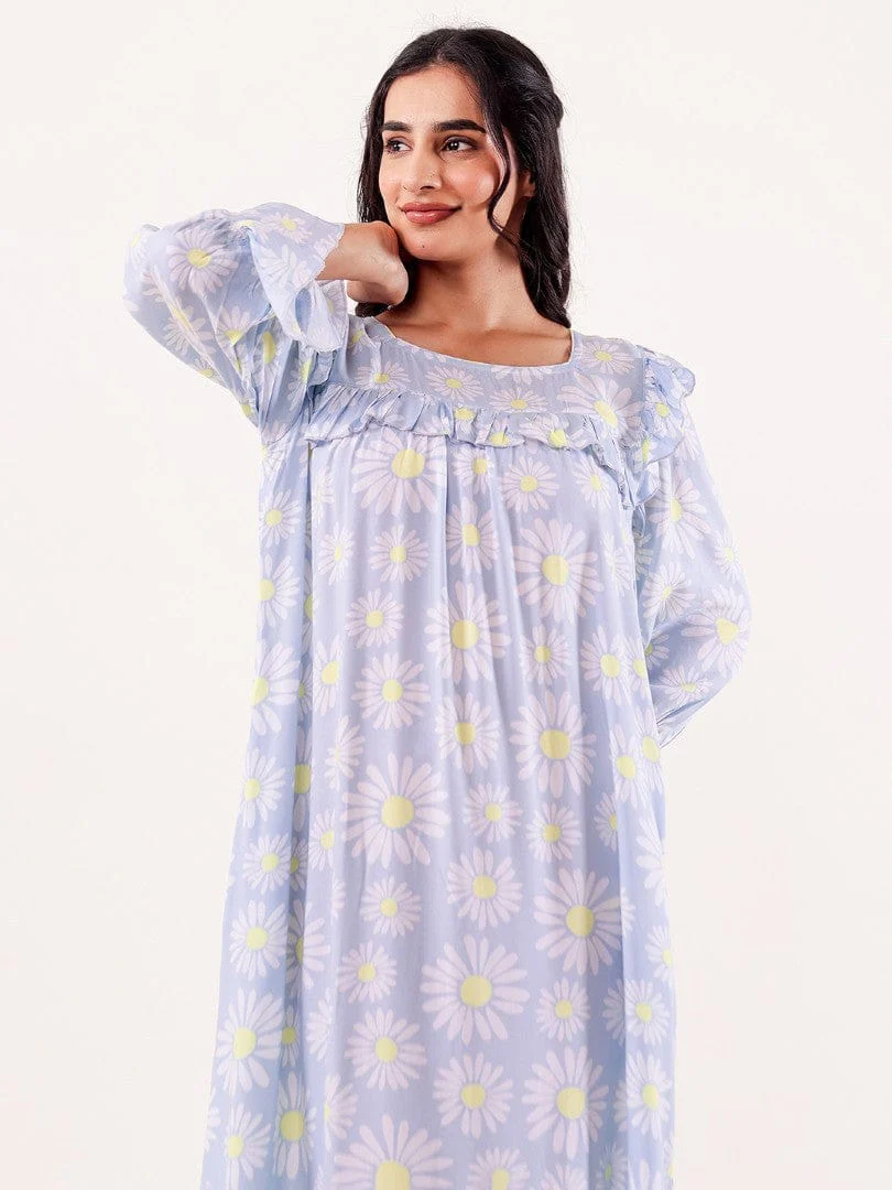 Blue Daisy Printed Nightdress with Ruffle Detail - Image 4