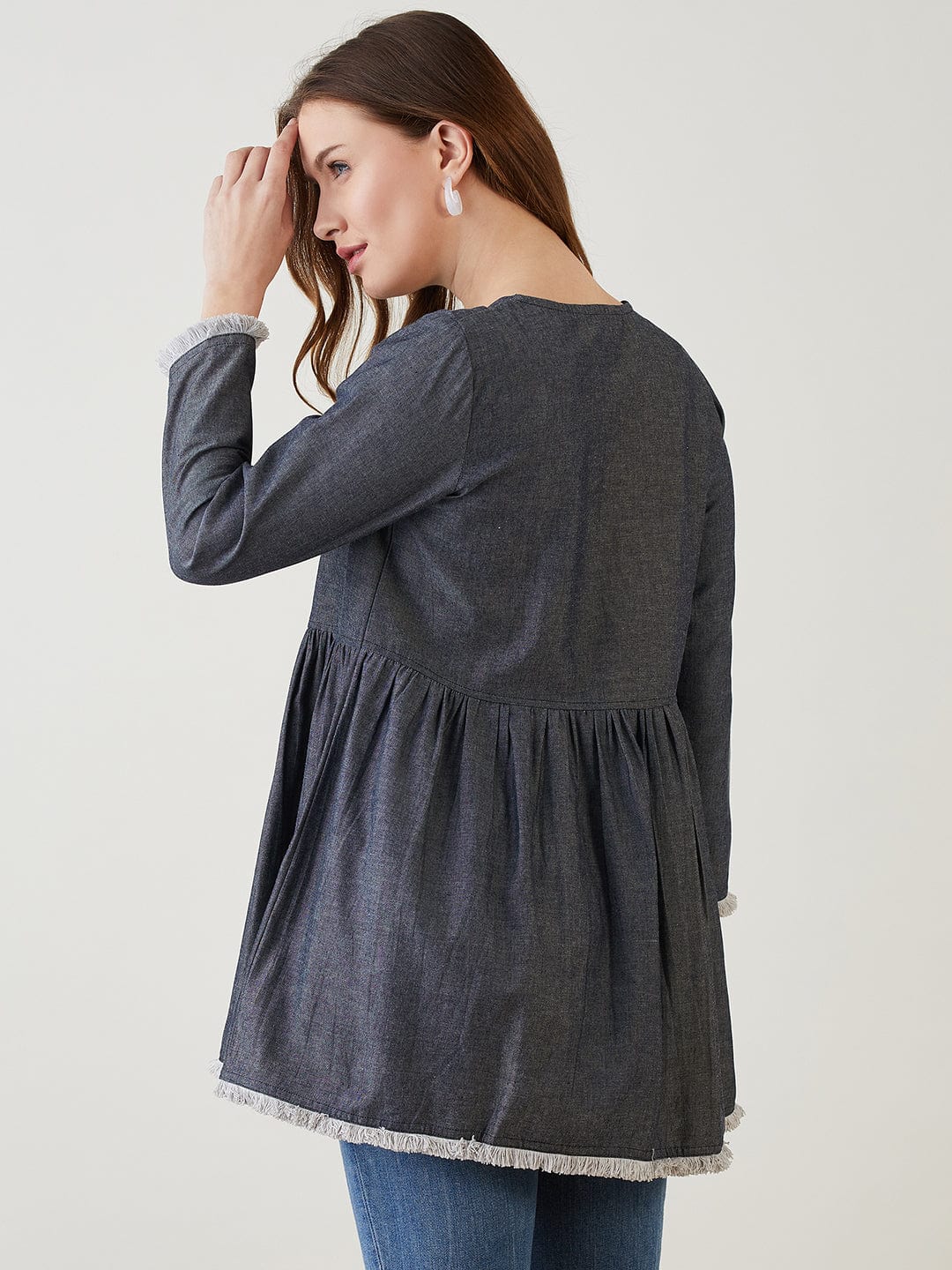 Blue Denim Top with Button Front and Fringe Hem - Image 3