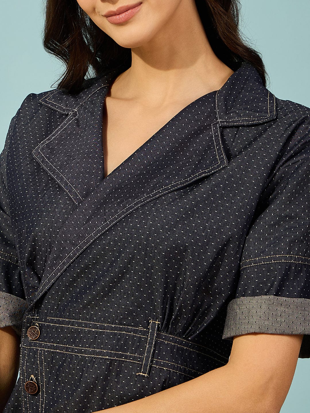 Blue Denim Wrap Dress with Notch Collar - Image 4