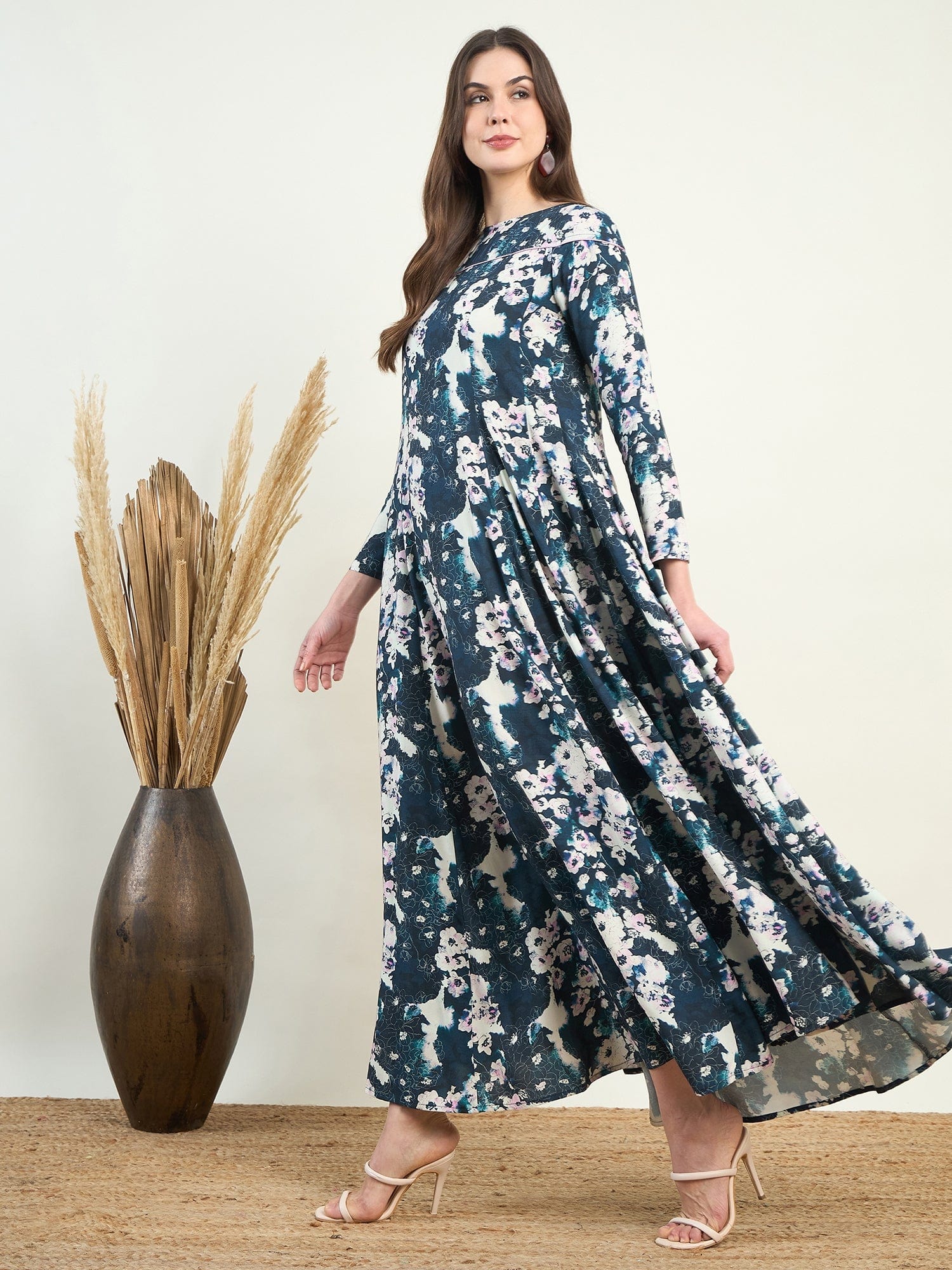 Blue Floral Flowy Gown Maxi Dress - Image 3