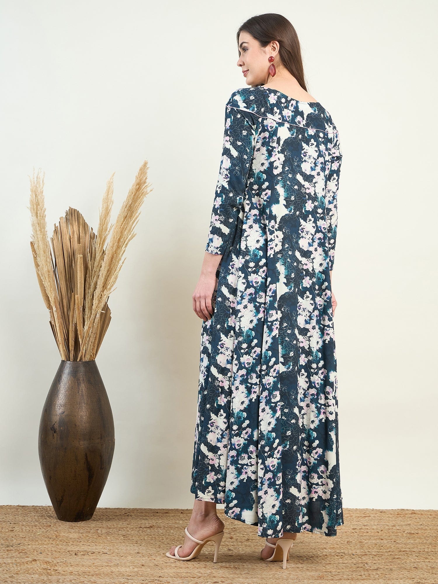 Blue Floral Flowy Gown Maxi Dress - Image 4