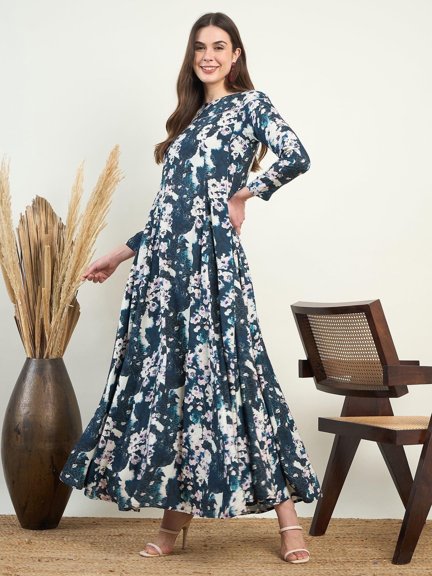Blue Floral Flowy Gown Maxi Dress - Image 6