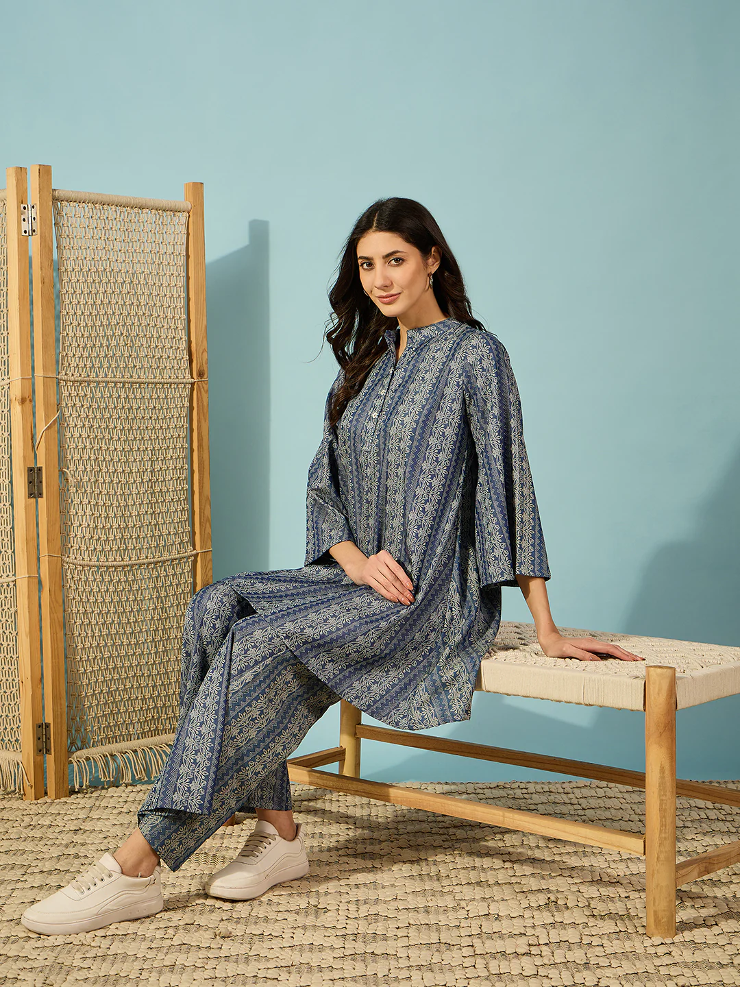 Blue Floral Printed Cotton Coord Set with Flared Sleeves - Image 7