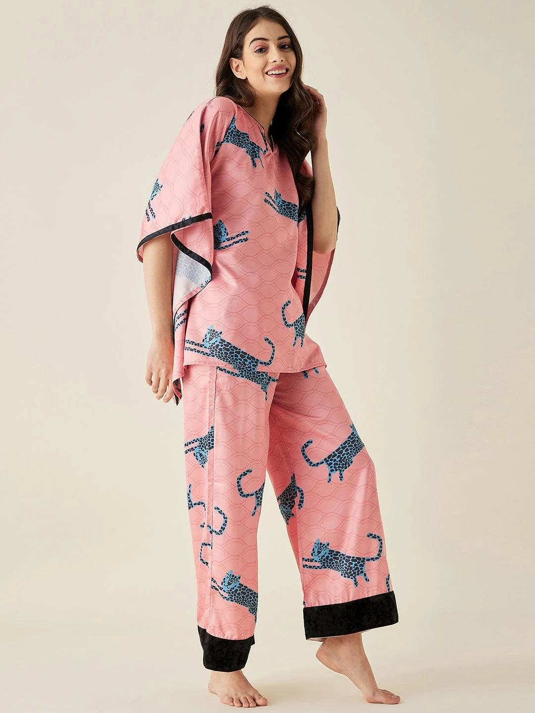 Blue Leopard Satin Kaftan Pyjama Set - Image 2