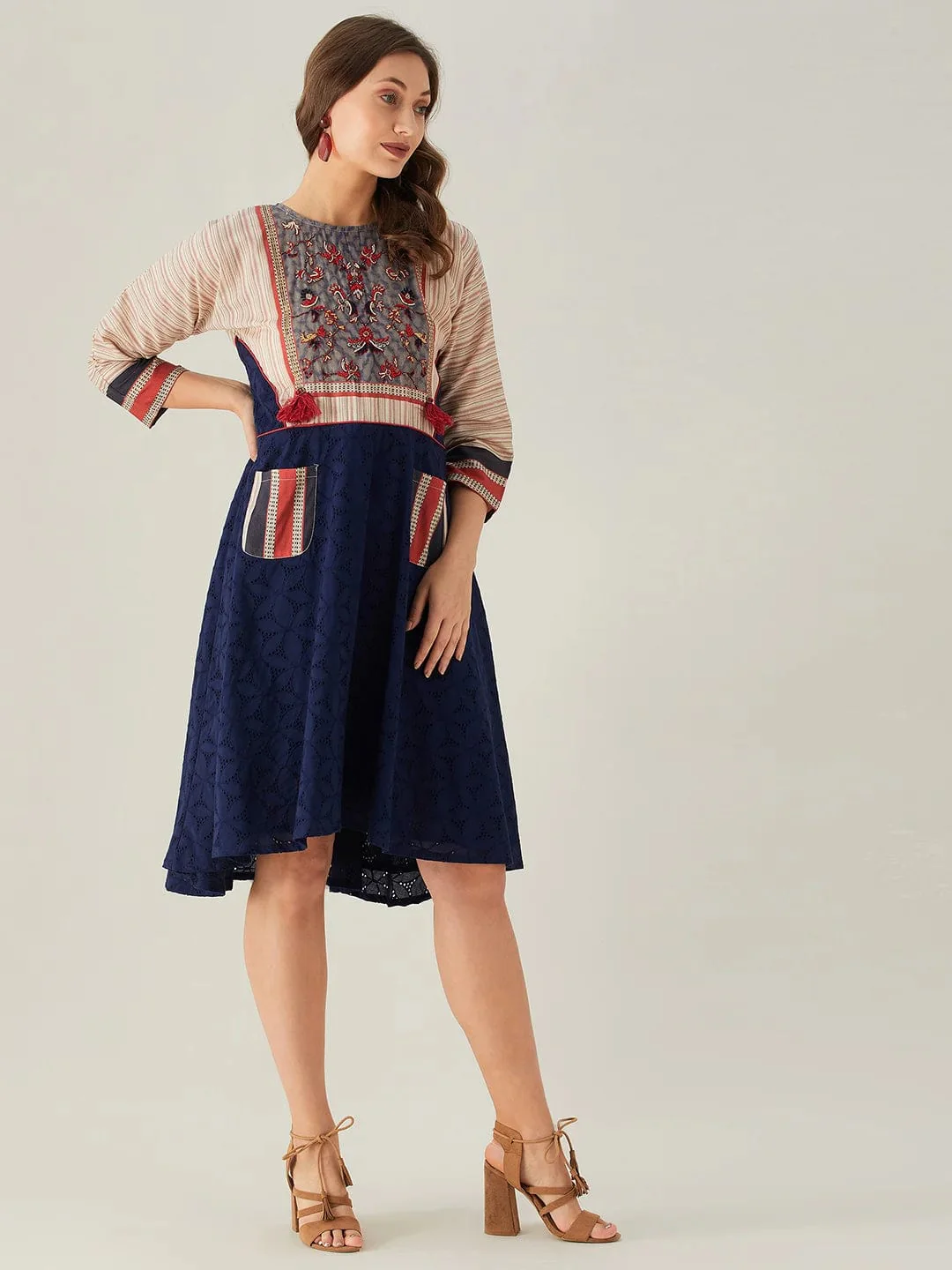 Blue Schiffli Dress with Embroidered Floral Yoke (Final Sale) - Image 4