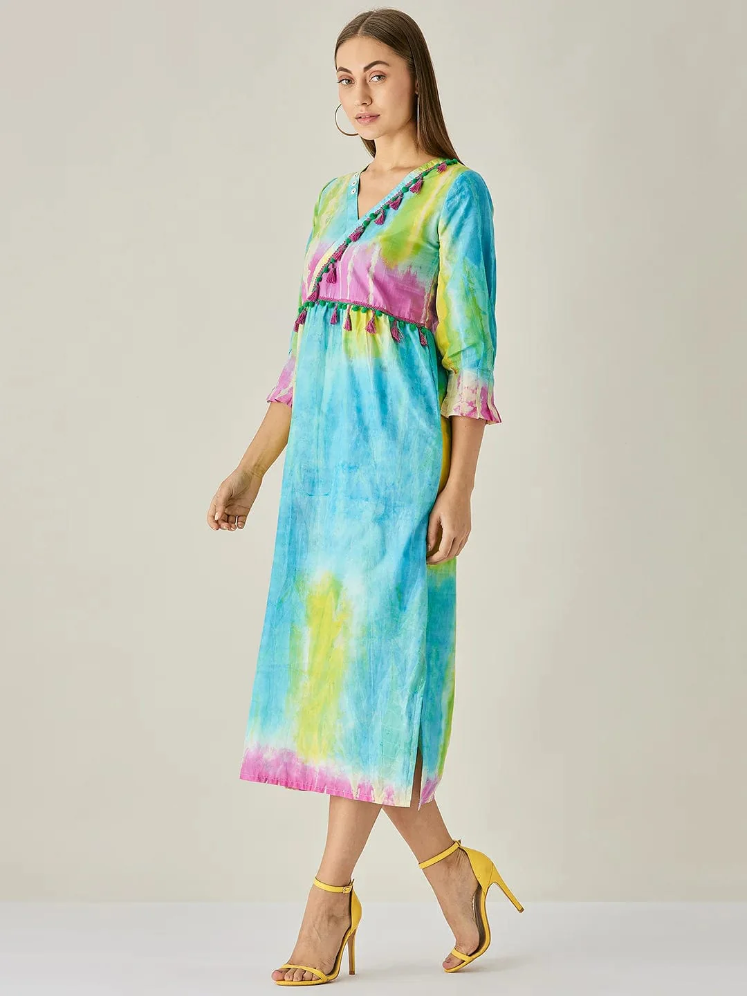 Blue Tie dye Empire Line Dress with Tassels - Image 5