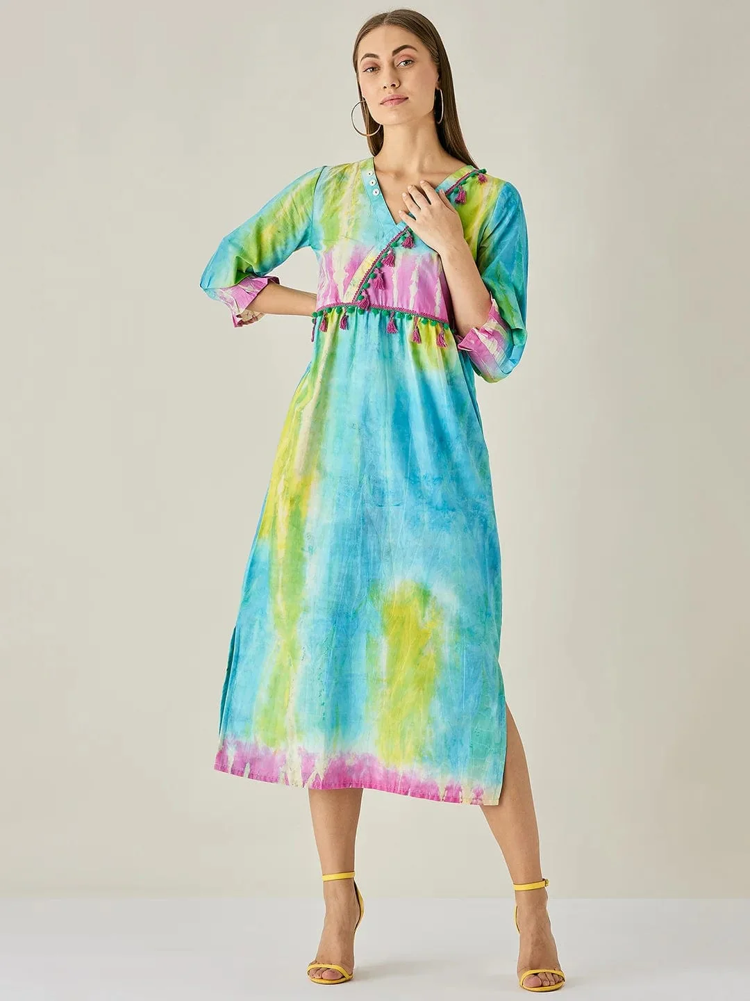 Blue Tie dye Empire Line Dress with Tassels - Image 6