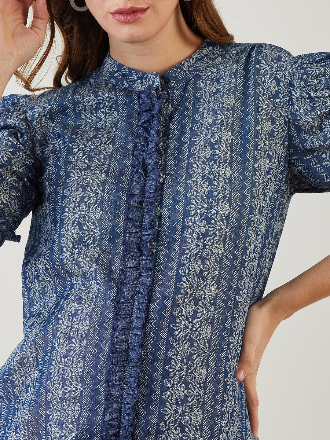 Blue Tribal Print Ruffled Nursing Dress - Image 3
