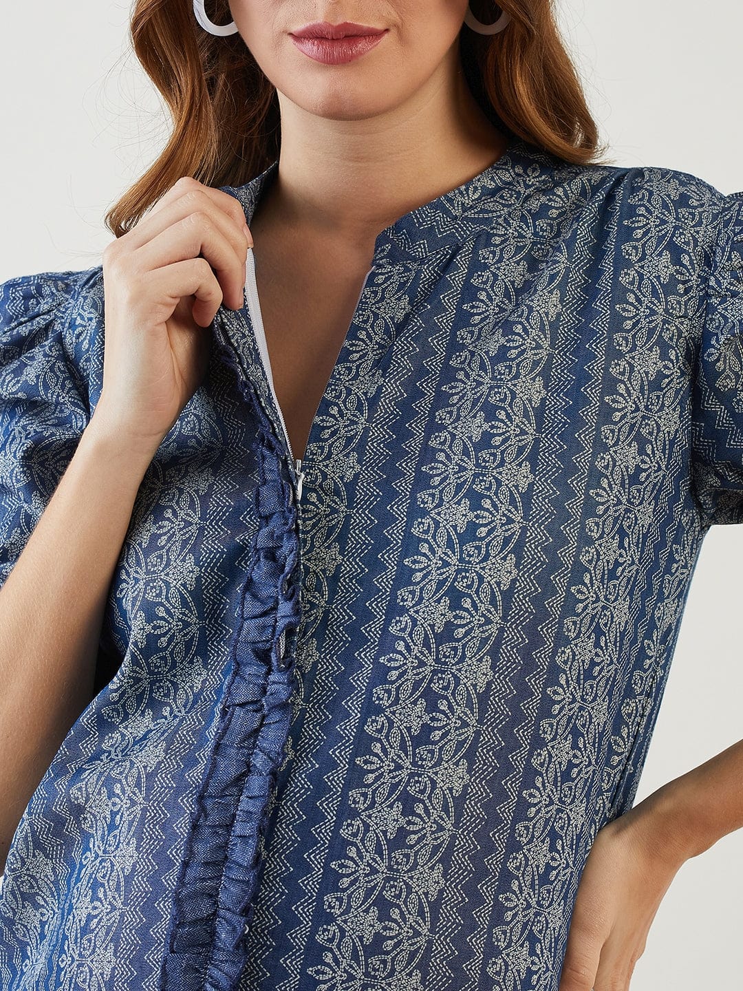 Blue Tribal Print Ruffled Nursing Dress - Image 6