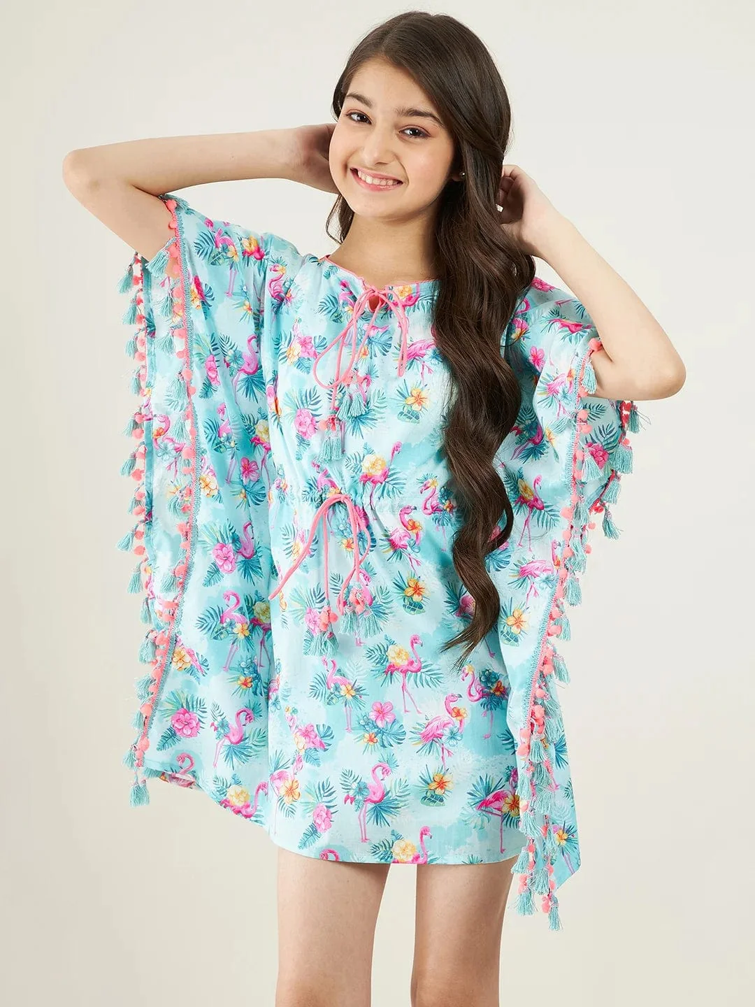 Girls Blue Tropical Flamingo Dress - Image 3