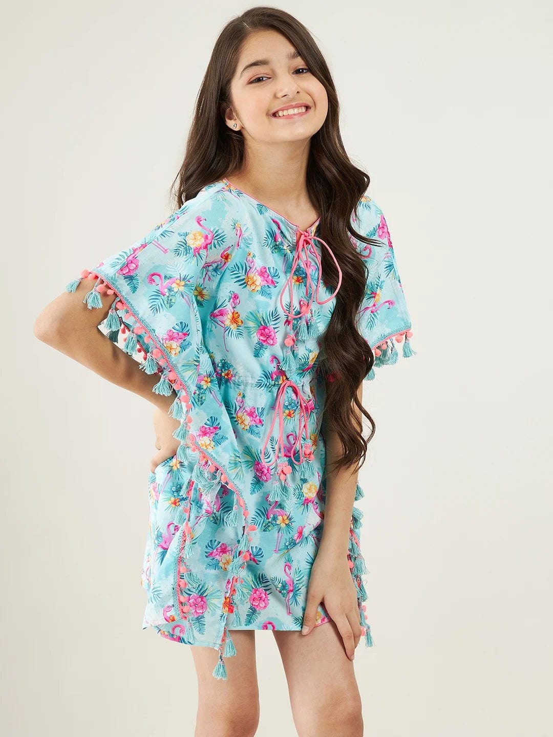 Girls Blue Tropical Flamingo Dress - Image 4