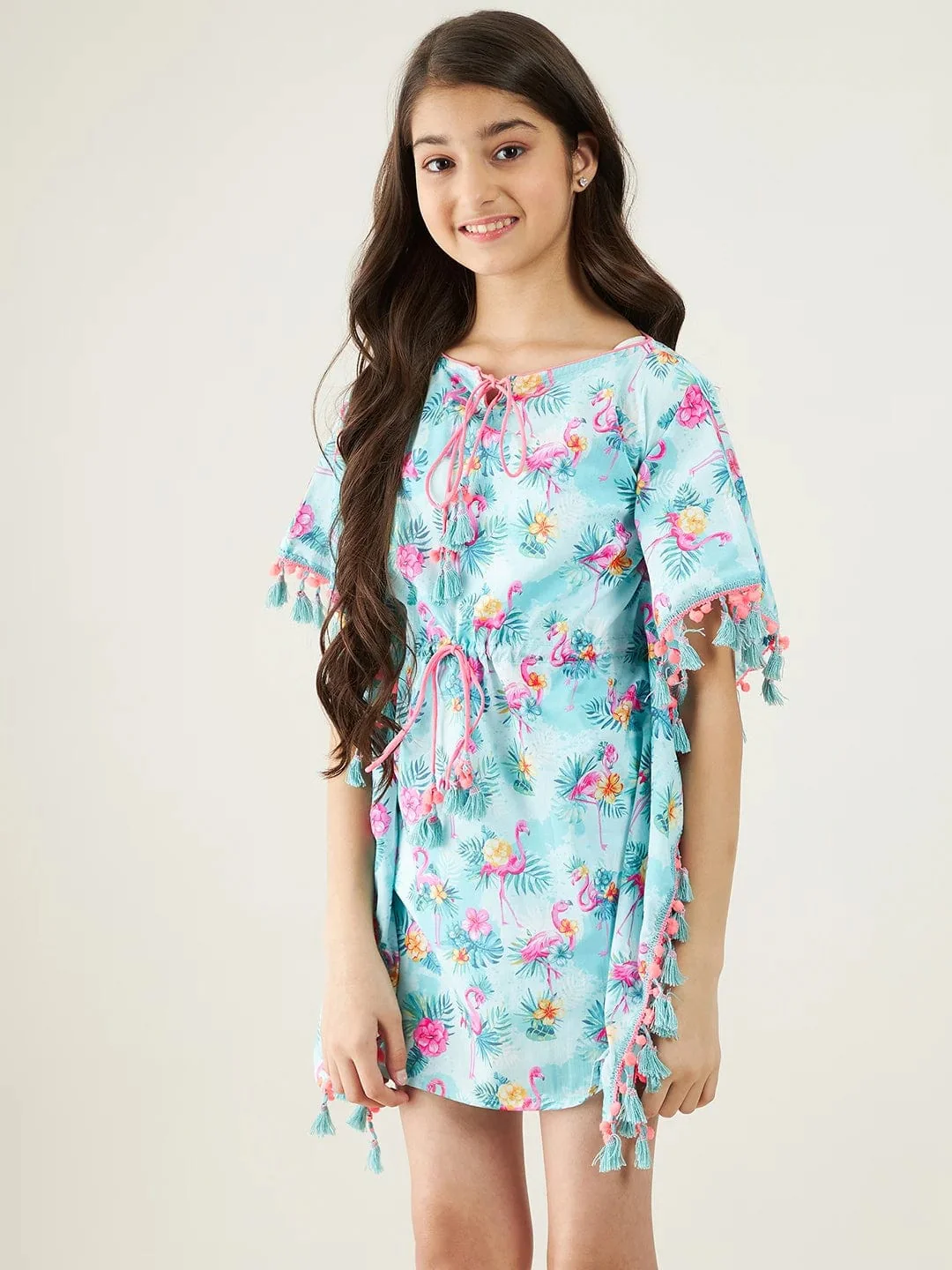 Girls Blue Tropical Flamingo Dress - Image 5