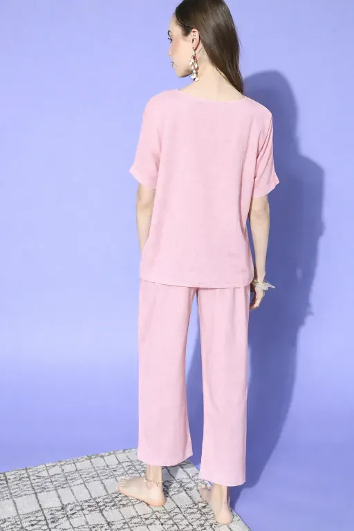 Blush Pink Solid Cotton Nightwear Pyjama Set - Image 3