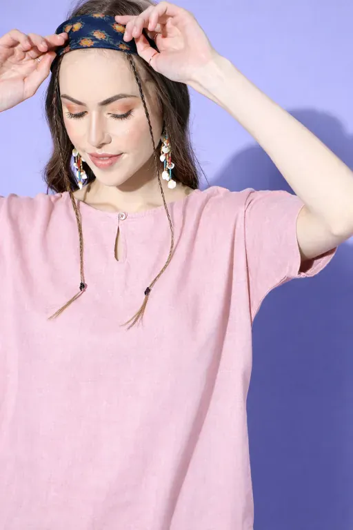 Blush Pink Solid Cotton Nightwear Pyjama Set - Image 4